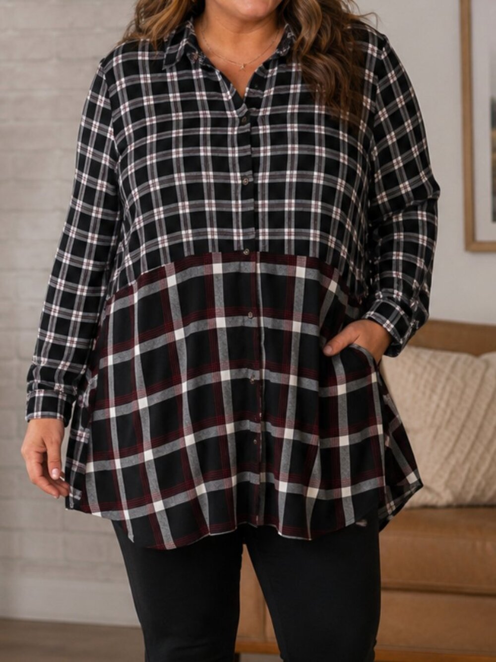 Beachlunchlounge Black and White Plaid Button-Up Tunic with Maroon Accents large
